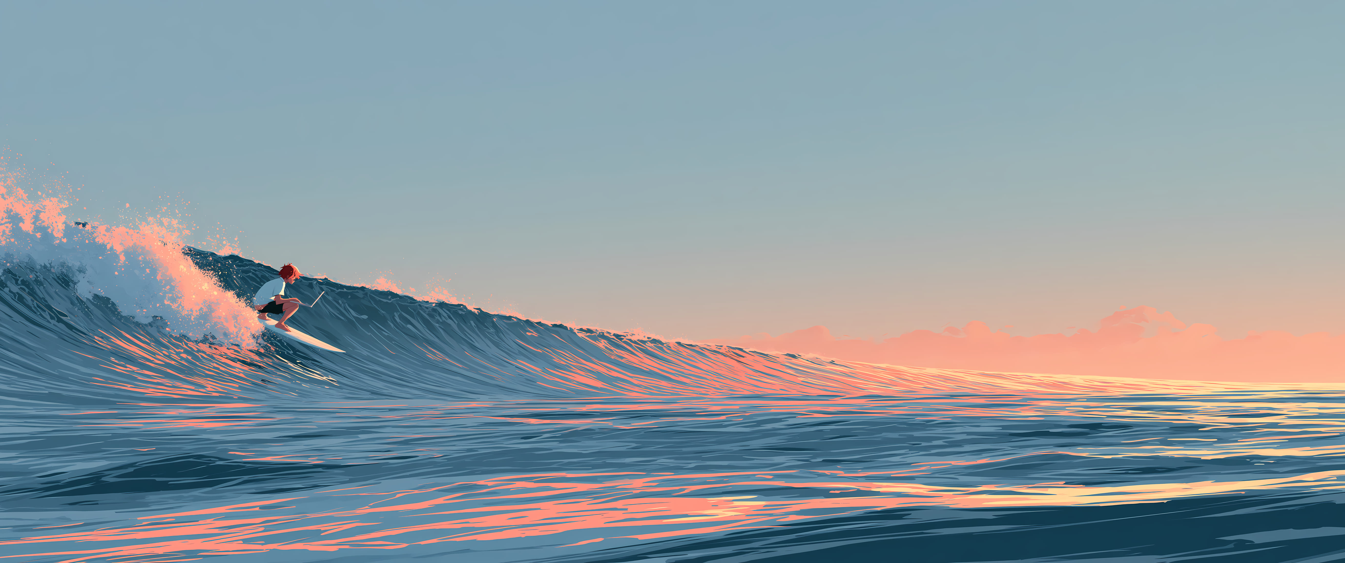 A surfer with a laptop riding the shoulder of a long wave at dusk